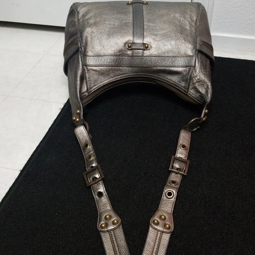 Authentic RAFE Large Leather Bag Color Btwn Metallic Bronze/Gunmetal Silver Gray